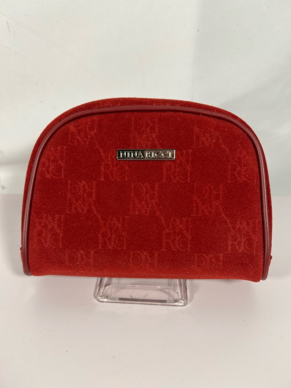 7520: Vintage Nina Ricci Red Velvet Monogram Cosmetic Pouch